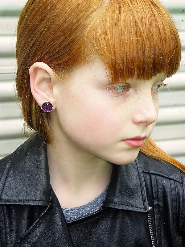 Summerfield Collection Duo Silver-tone Stud Earrings Neon Bar and Purple Pink Black Glitter Glass 12mm Hand-painted