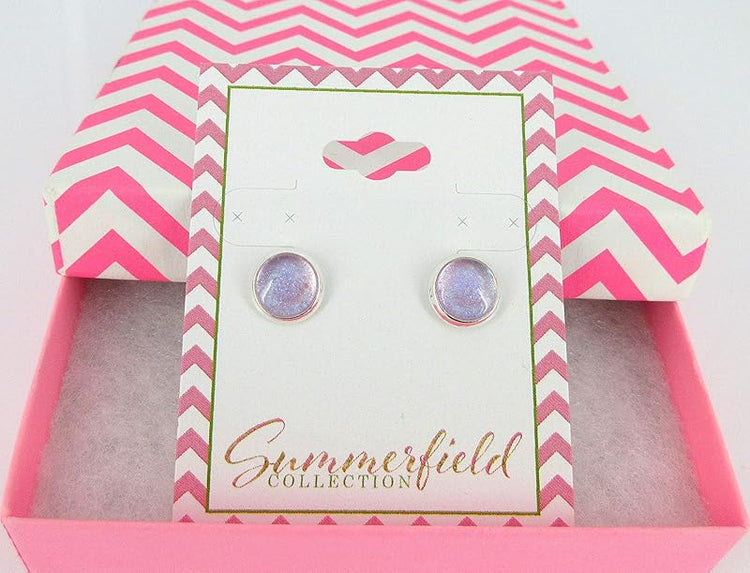 Summerfield Collection Silver-tone Light Purple Glitter Glass Stud Earrings Hand-painted 8mm