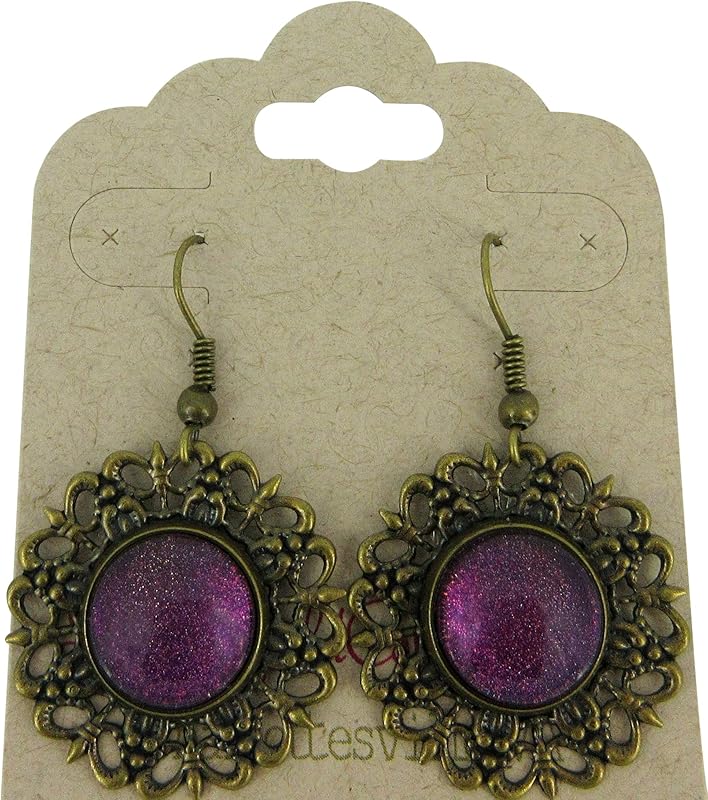 Summerfield Collection Antiqued Gold-tone Purple Glitter Glass Medallion Dangle Earrings Hand-painted