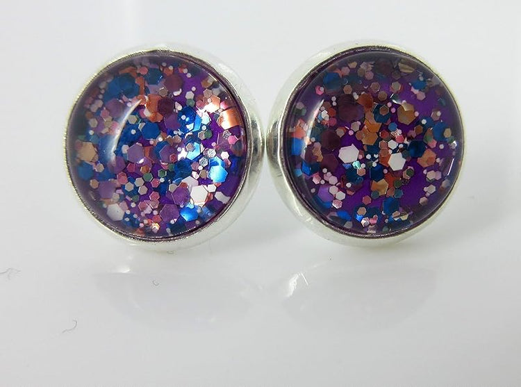 Summerfield Collection Silver-tone Purple and Multi Color Glitter Glass Stud Earrings Hand-painted 12mm