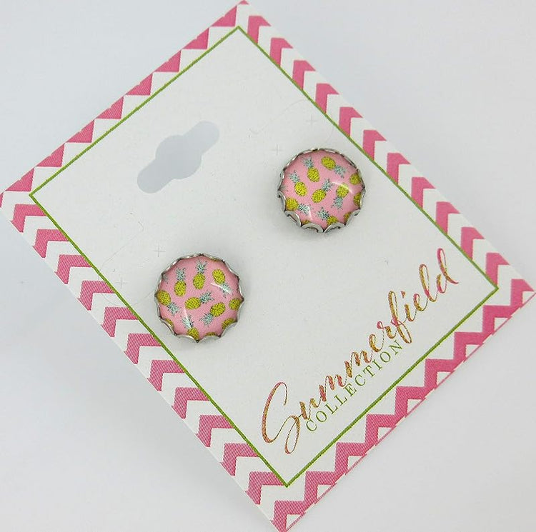 Summerfield Collection Stainless Steel Pink Pineapple Print Glass Stud Earrings 12mm