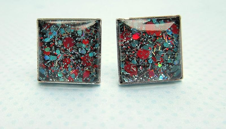 Summerfield Collection Silver-tone Aqua Blue and Red Glitter Glass Stud Earrings Hand-painted Square 12mm