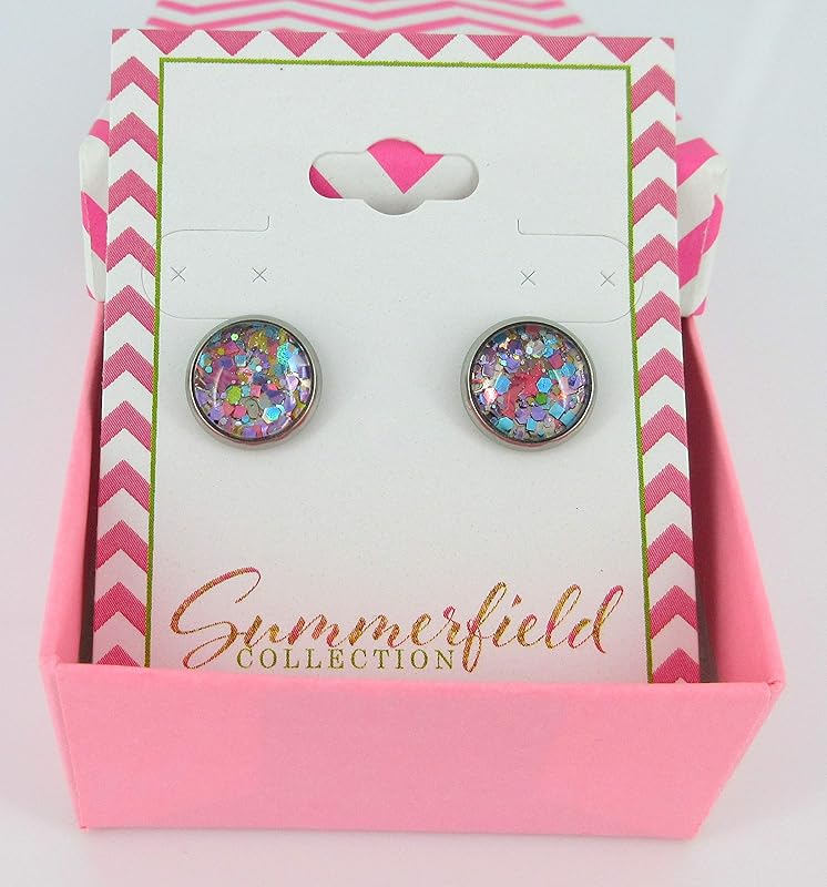 Summerfield Collection Stainless Steel Metallic Pastel Glitter Glass Stud Earrings Hand-painted 10mm