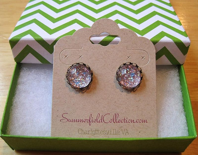 Summerfield Collection Antiqued Gold-tone Pink Iridescent Glitter Glass Stud Earrings Hand-painted 12mm