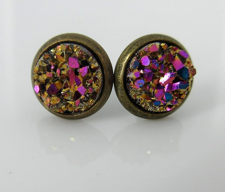 Summerfield Collection Trio Antiqued Gold-tone Stud Earrings 8mm Faux Druzy Stone Set (Clear AB/Silver/Gold Pink)