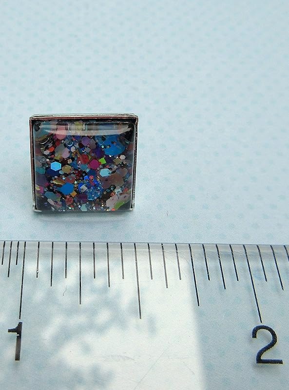 Summerfield Collection Silver-tone Black and Multi-Color Confetti Glitter Glass Stud Earrings Hand-painted Square 12mm
