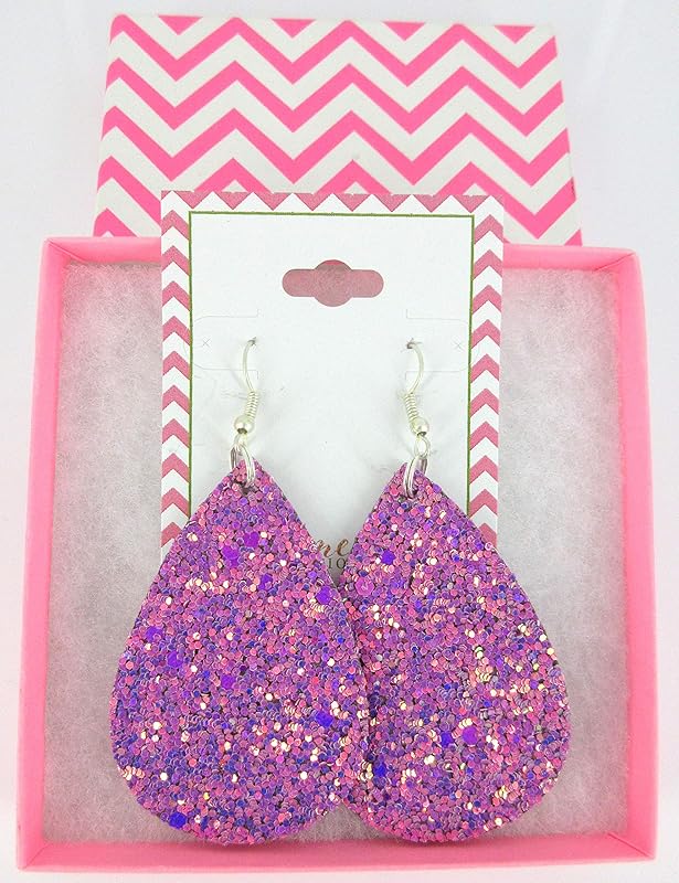 Summerfield Collection Silver-tone Glitter Faux Leather Large Teardrop Dangle Earrings (Magenta)