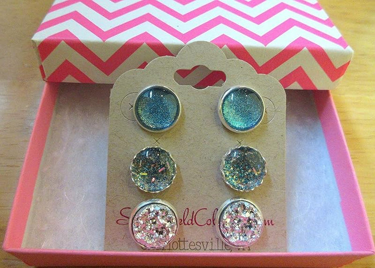 Summerfield Collection Trio Stud Earrings Ocean Blue Glitter Glass Silver Faux Druzy Stone Set 12mm