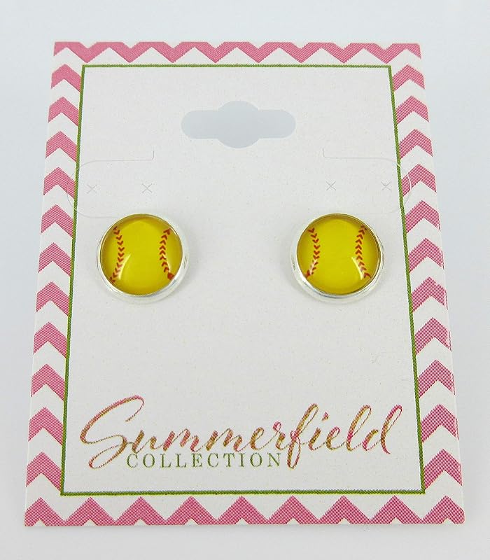 Summerfield Collection Silver-tone Yellow Softball Print Glass Stud Earrings 10mm