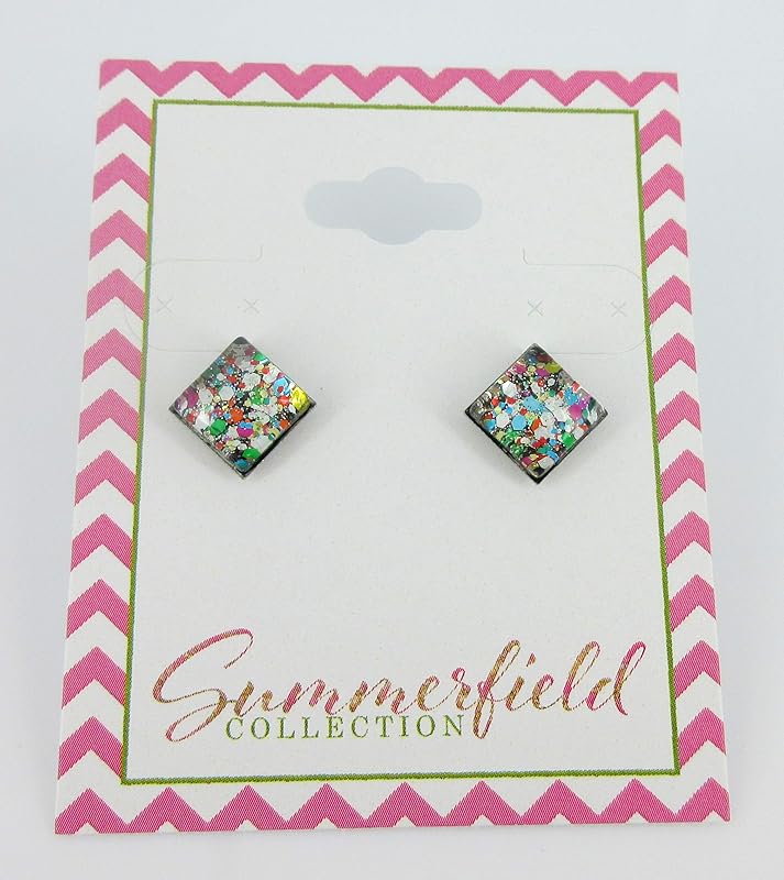 Summerfield Collection Stainless Steel Multi Color Party Confetti Glitter Glass Stud Earrings Hand-painted Square 8mm