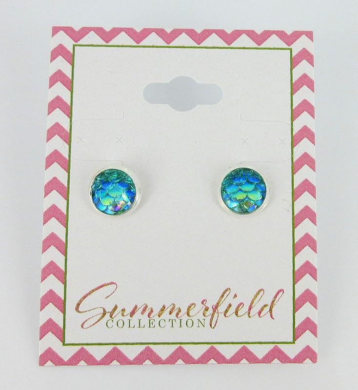 Summerfield Collection Silver-tone Metallic Mermaid Scale Stud Earrings 8mm (Aqua Blue/Green)