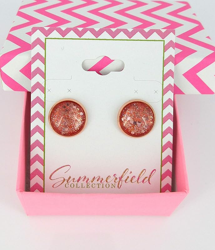 Summerfield Collection Rose Gold-tone Blush Pink Glitter Glass Stud Earrings Hand-painted 12mm