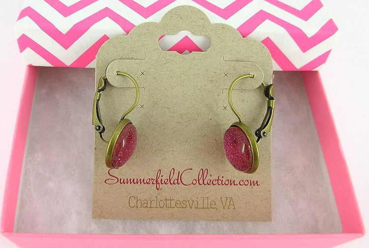 Summerfield Collection Antiqued Gold-tone Hot Pink Glitter Glass Lever-back Drop Earrings Hand-painted