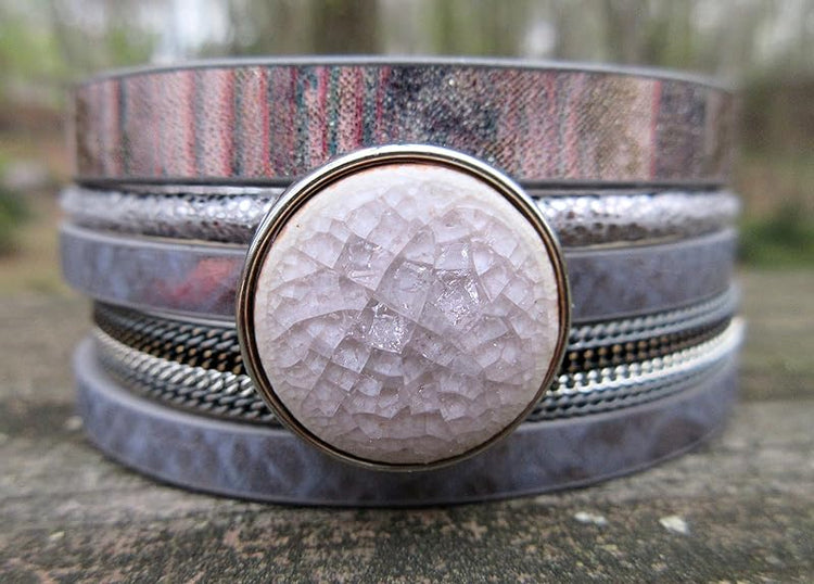Summerfield Collection Interchangeable Snap Bracelet 3 Charm Set Purple Glitter Glass Layered Leather