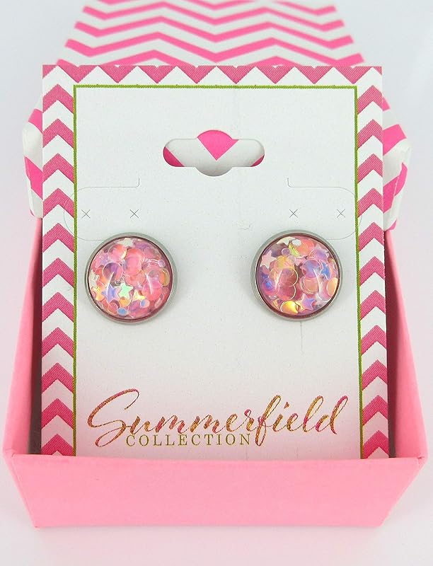 Summerfield Collection Stainless Steel Glitter Resin Globe Stud Earrings 12mm (Medium Pink)