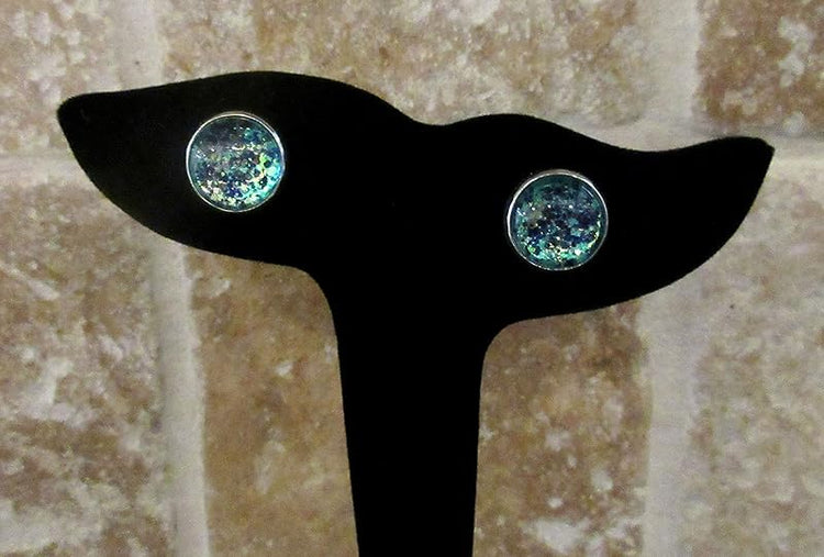 Summerfield Collection Silver-tone Mermaid Tail Glitter Glass Stud Earrings Hand-painted 12mm