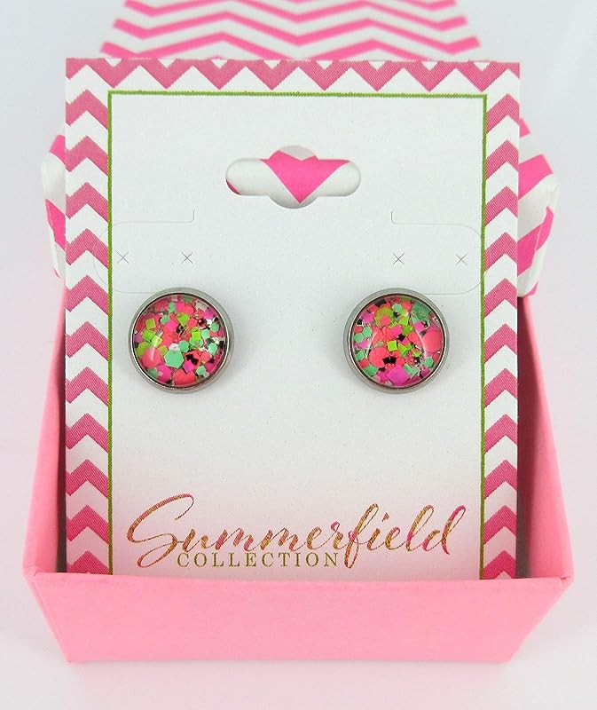 Summerfield Collection Stainless Steel Neon Party Glitter Glass Stud Earrings Hand-painted 10mm