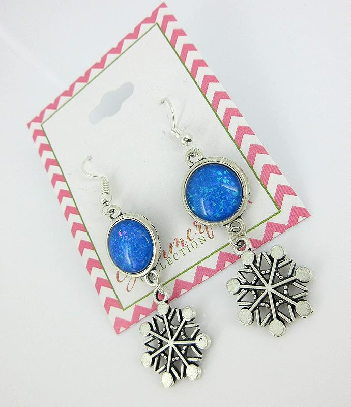 Summerfield Collection Antiqued Silver-tone Cobalt Blue Glitter Glass Dangle Earrings Snowflake Charm Hand-painted