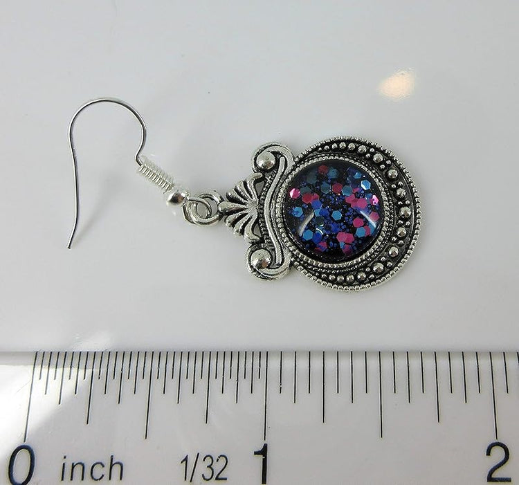 Summerfield Collection Antiqued Silver-tone Blue Purple Pink Chunky Glitter Glass Dangle Earrings Hand-painted