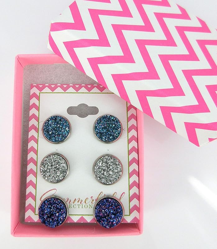 Summerfield Collection Trio Stainless Steel Glitter Faux Druzy Stone Stud Earrings Set (Purple/Silver/Blue)