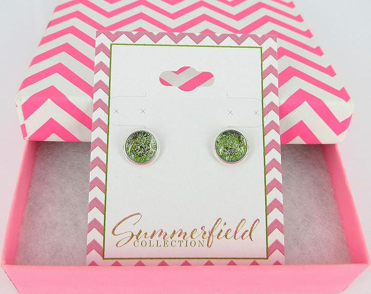 Summerfield Collection Silver-tone Green Glitter Glass Stud Earrings Hand-painted 8mm