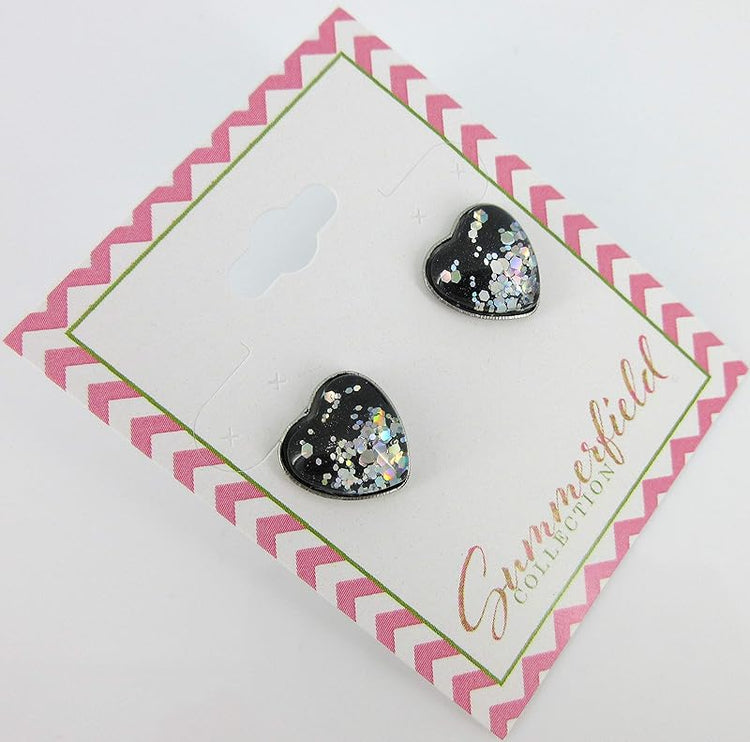 Summerfield Collection Stainless Steel Black and Silver Glitter Glass Heart Stud Earrings Hand-painted