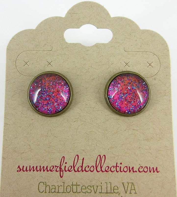 Summerfield Collection Antiqued Gold-tone Hot Pink and Blue Glitter Glass Stud Earrings Hand-painted 12mm