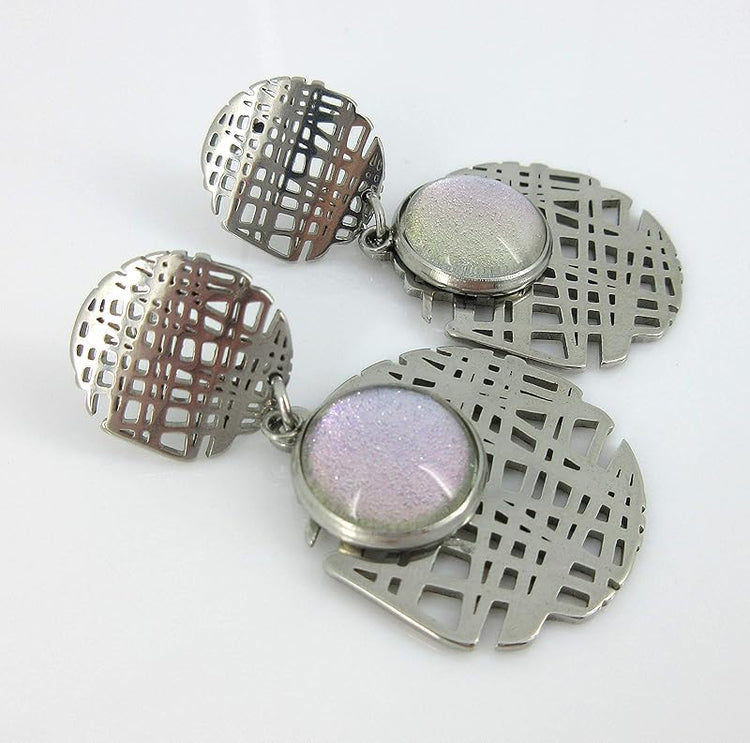 Summerfield Collection Stainless Steel Colorshifting Glitter Glass Geo Drop Earrings