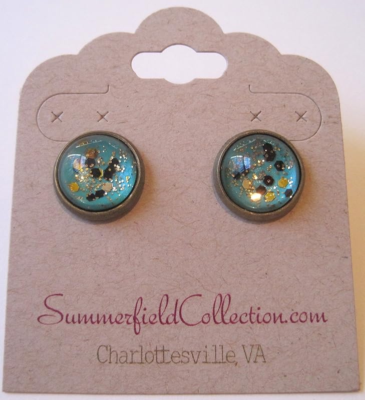 Summerfield Collection Antiqued Gold-tone Mint Green and Black Glitter Glass Stud Earrings Hand-painted 12mm