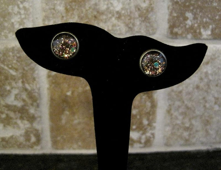 Summerfield Collection Antiqued Gold-Tone Brown Green Black Glitter Glass Stud Earrings 1/2" Round