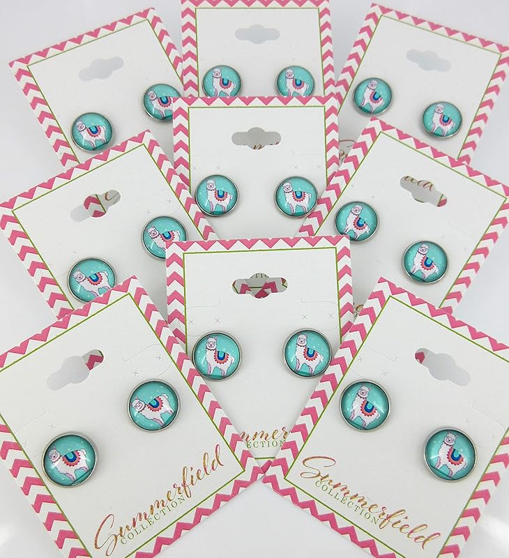 Summerfield Collection Stainless Steel Llama Print Glass Stud Earrings 12mm (Teal)