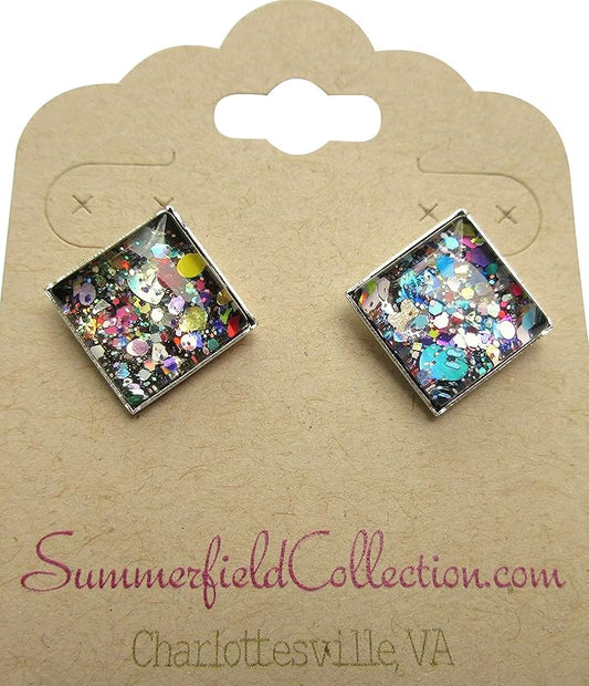 Summerfield Collection Silver-tone Black and Multi-Color Confetti Glitter Glass Stud Earrings Hand-painted Square 12mm