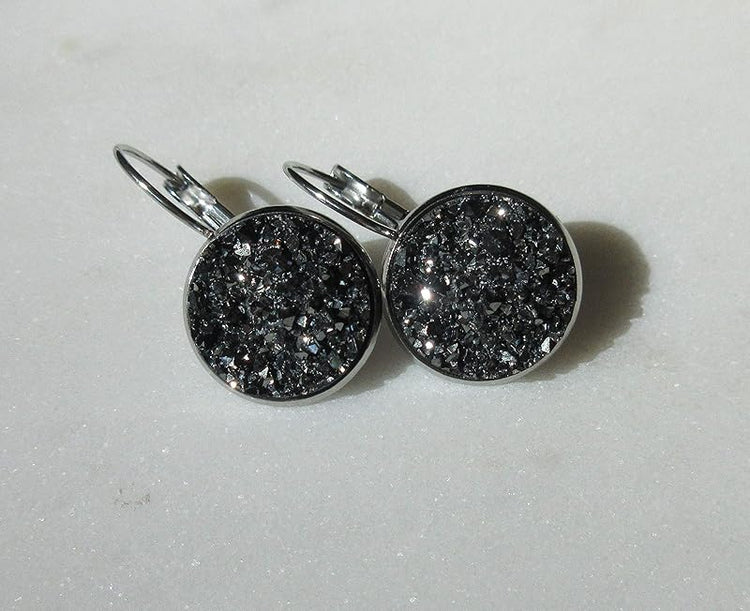 Summerfield Collection Stainless Steel Faux Druzy Stone Lever-back Drop Earrings 14mm (Gunmetal Gray)