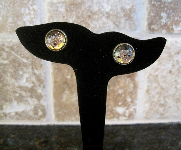 Summerfield Collection Antiqued Gold-tone Black and Silver Glitter Glass Stud Earrings Hand-painted 12mm