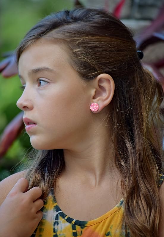 Summerfield Collection Silver-tone Solid AB Faux Druzy Stone Stud Earrings 12mm (Hot Pink)