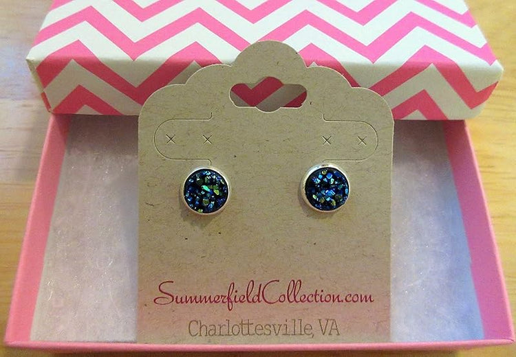 Summerfield Collection Silver-tone Metallic Faux Druzy Stone Stud Earrings 8mm (Blue)