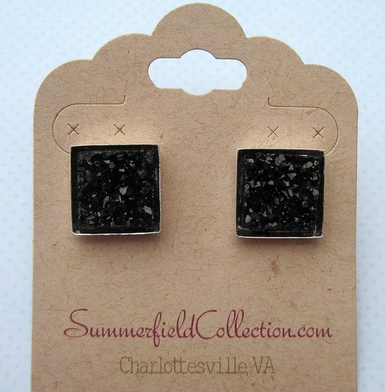 Summerfield Collection Silver-tone Metallic Geometric Square Shaped Chunky Faux Druzy Stud Earrings 12mm Statement (Black)