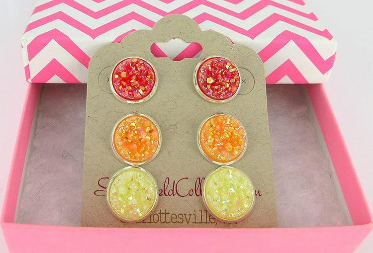 Summerfield Collection Sunset Trio Silver-tone Stud Earrings 12mm Red Orange Yellow AB Faux Druzy Stone Set