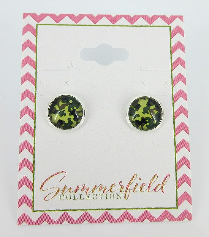 Summerfield Collection Silver-tone Camo Print Glass Stud Earrings 10mm Camoflauge (Green)