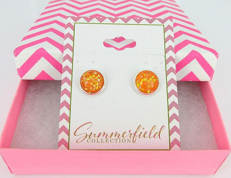Summerfield Collection Shiny Silver-tone Iridescent Glitter Resin Stud Earrings 10mm (Orange)