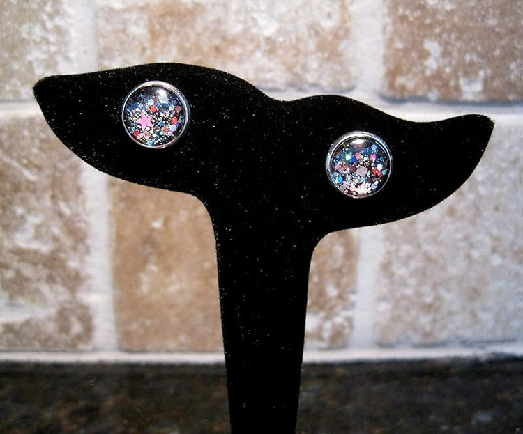 Summerfield Collection Silver-Tone Black and Multi-Color Confetti Glitter Glass Stud Earrings 1/2" Round