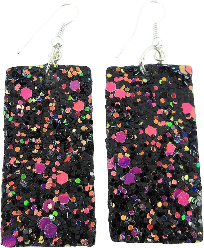 Summerfield Collection Silver-tone Glitter Faux Leather Large Rectangle Dangle Earrings (Black and Rainbow)