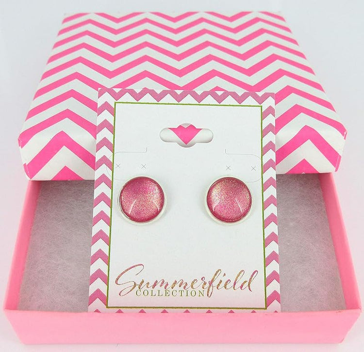 Summerfield Collection Silver-tone Pink and Gold Shimmer Glitter Glass Stud Earrings Hand-painted 12mm