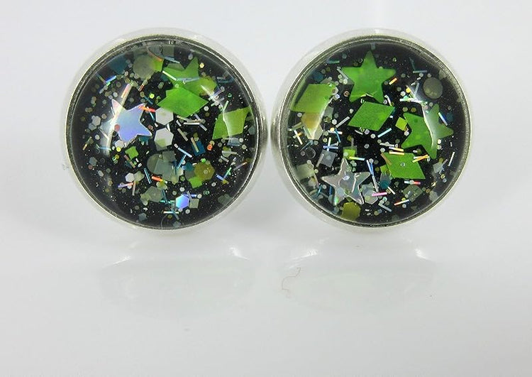 Summerfield Collection Silver-tone Trio Stud Earrings Neon Green Black Glitter Glass Gunmetal Clear Faux Druzy Stone Set