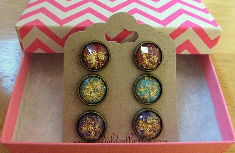 Summerfield Collection Trio Antiqued Gold-tone Leaf Foil Faceted Resin Stud Earrings Set 12mm (Red/Aqua Blue/Purple)