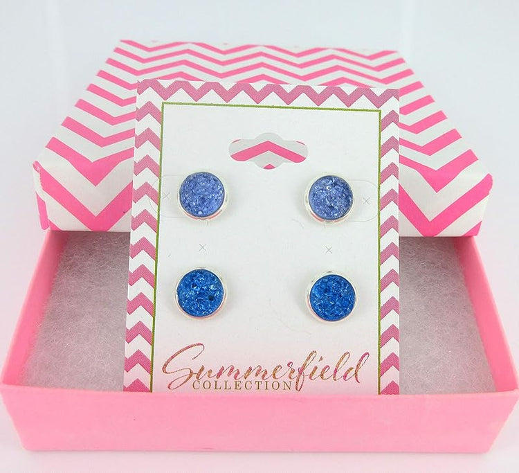 Summerfield Collection Duo Silver-tone Faux Druzy Stone Stud Earrings 8mm Set (Rainy Day Blues)