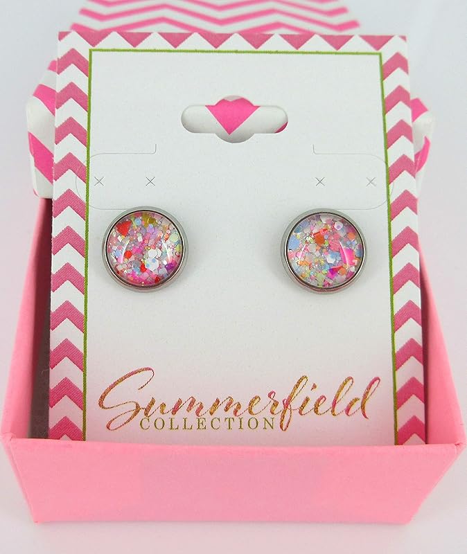 Summerfield Collection Stainless Steel Happy Confetti Glitter Glass Stud Earrings Hand-painted 10mm