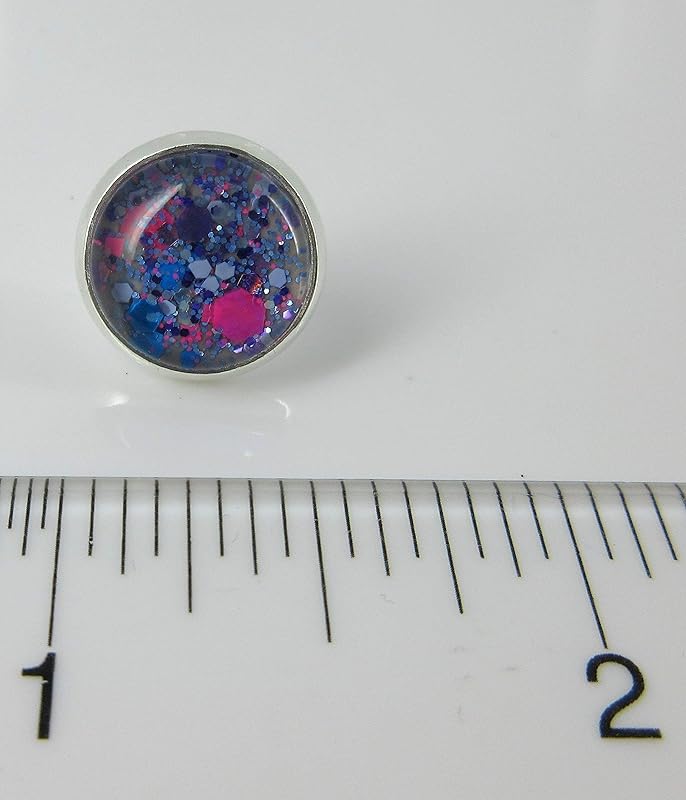 Summerfield Collection Silver-tone Gray Neon Pink Aqua Blue and Purple Glitter Glass Stud Earrings Hand-painted 12mm