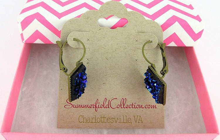 Summerfield Collection Antiqued Gold-tone Geometric Square Faux Druzy Stone Lever-back Drop Earrings (Blue Metallic)