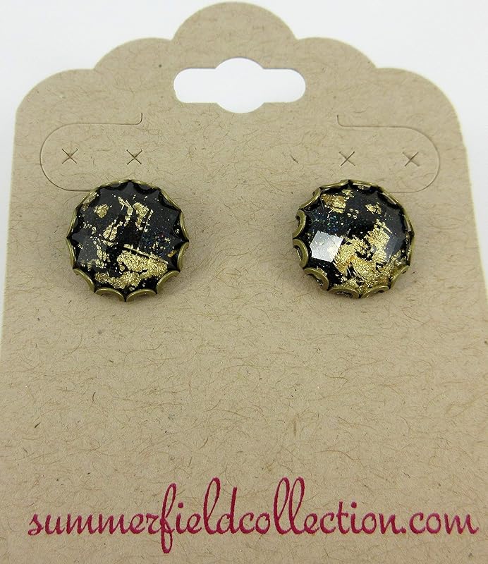 Summerfield Collection Antiqued Gold-tone Faceted Resin Leaf Foil Stud Earrings 12mm (Black)